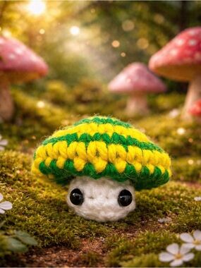 Crochet Green and Yellow Popping Mushroom